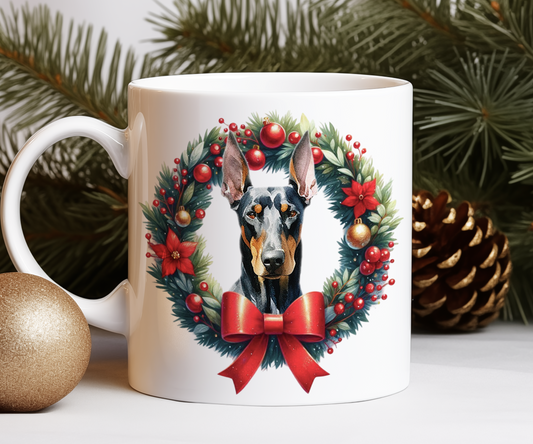 Personalised Doberman Dog Christmas Wreath Gift Mug