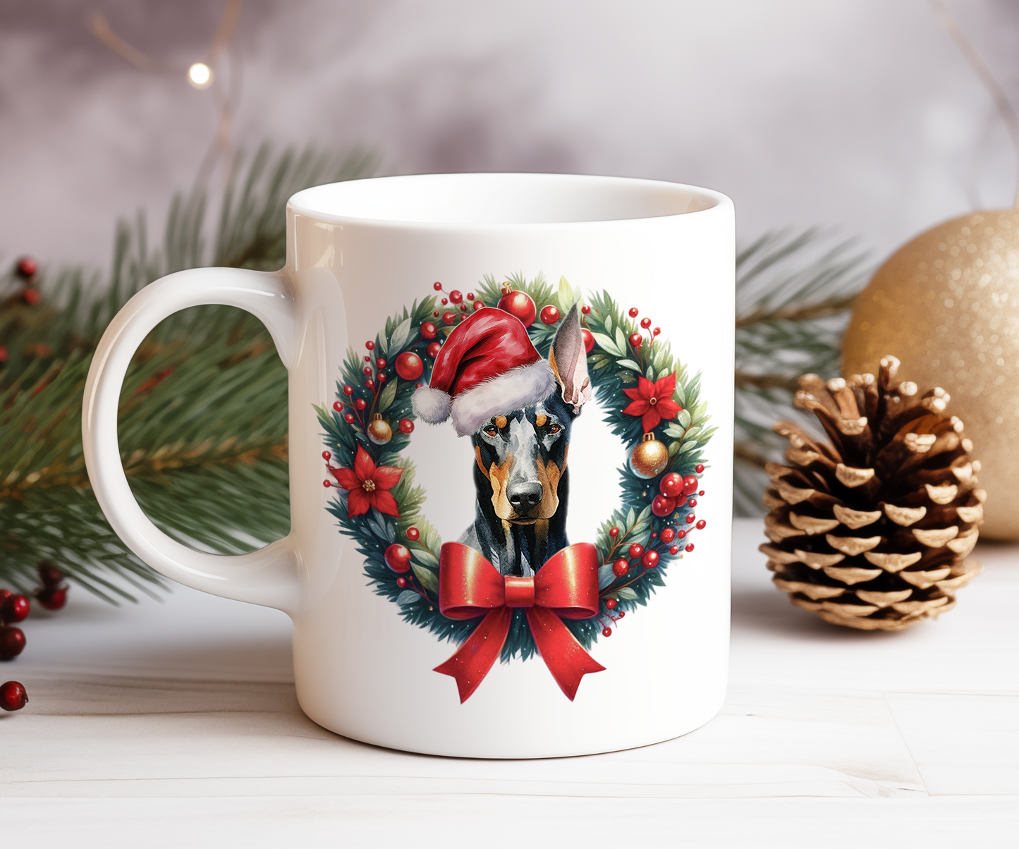 Personalised Doberman Dog Christmas Wreath Gift Mug