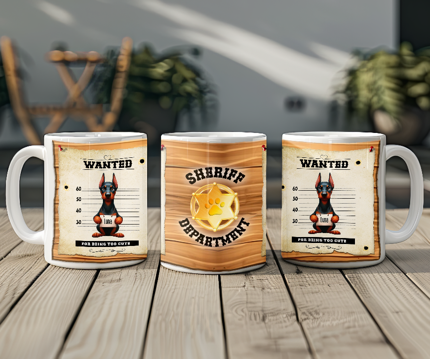 Personalised WANTED Pet Dog mug of a cute Doberman on a wanted poster - Keepsake Gift, by Floppsie Moppsie – floppsiemoppsie at floppsiemoppsie.co.uk