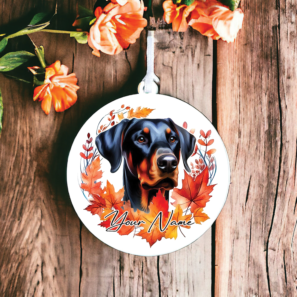 Personalised Dog Doberman in an autumn wreath - Keepsake Gift Hanging Decoration, by Floppsie Moppsie – floppsiemoppsie at floppsiemoppsie.co.uk
