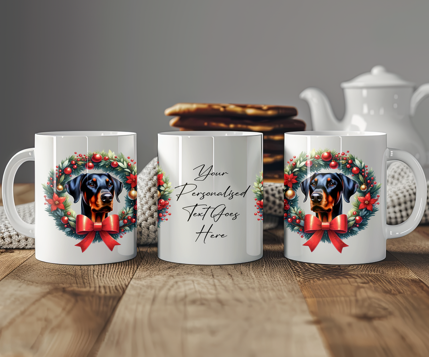 Personalised Doberman Dog Christmas Wreath Gift Mug - Style B