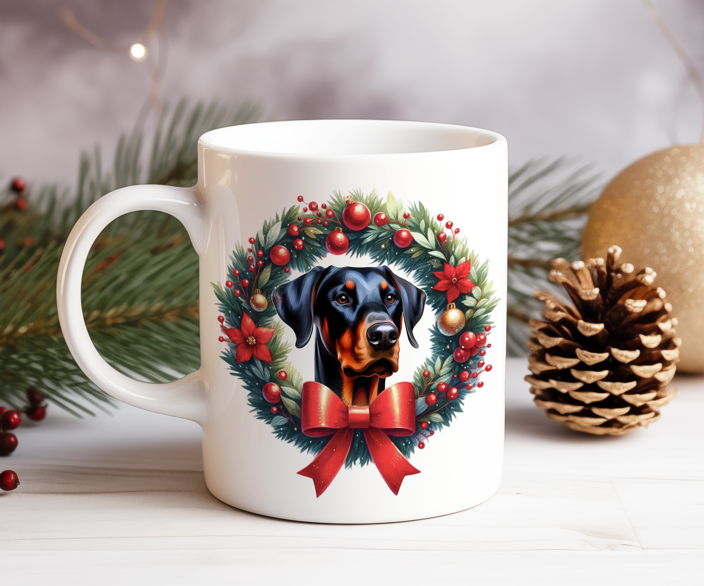 Personalised Doberman Dog Christmas Wreath Gift Mug - Style B