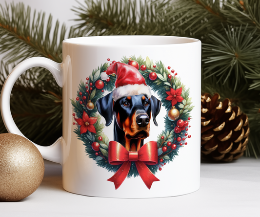 Personalised Doberman Dog Christmas Wreath Gift Mug - Style B