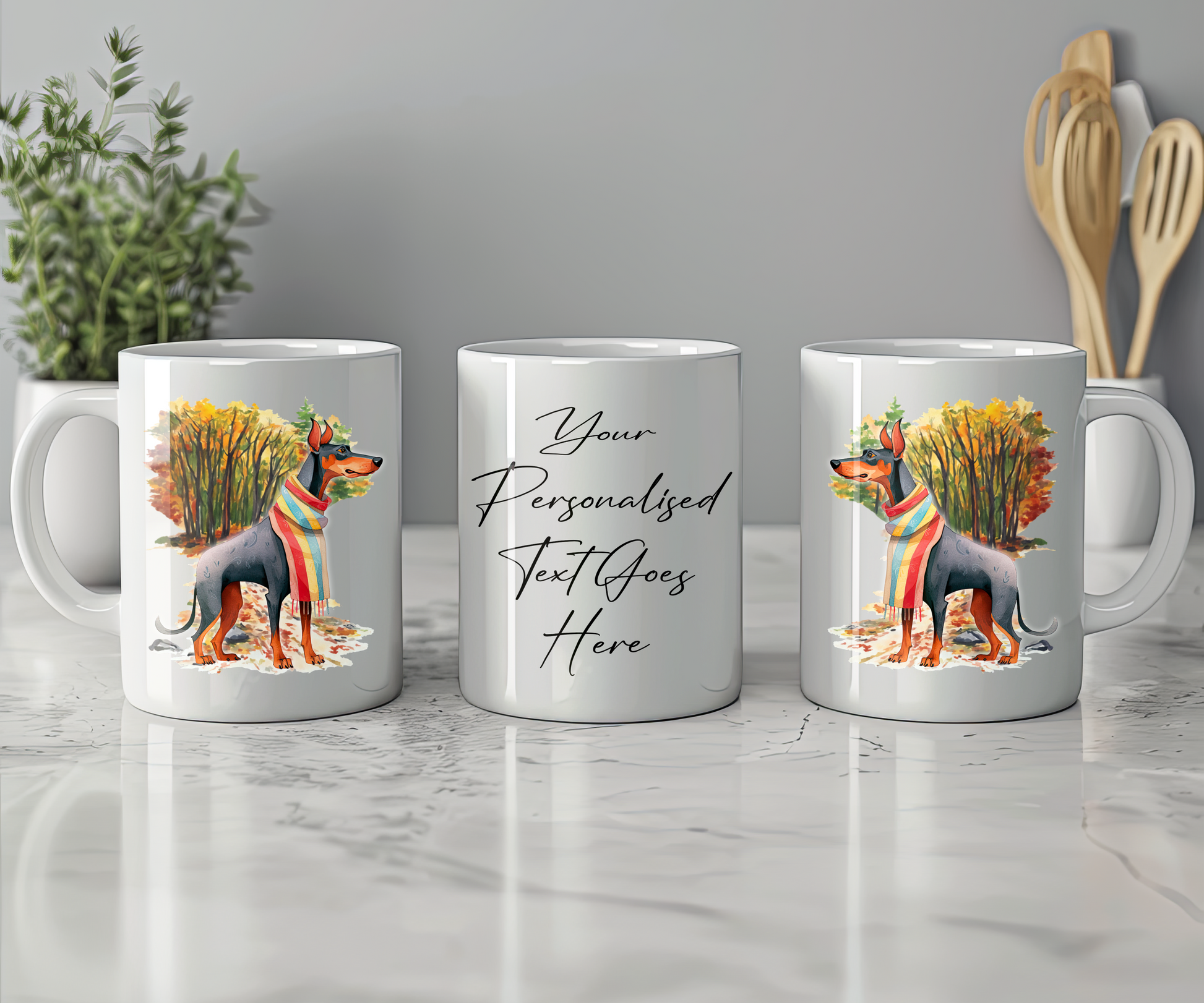 Personalised Doberman Pet Dog Gift Mug wearing an Autumn scarf on a walk