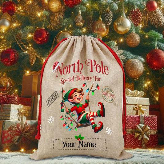 Personalised Elf in Lights North Pole Santa Sack