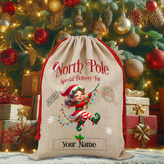 Personalised Elf in Lights North Pole Santa Sack - Style B