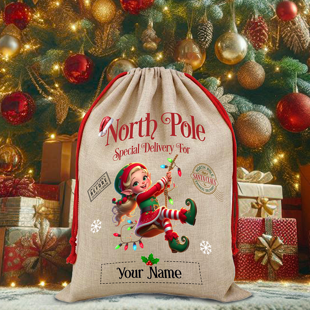 Personalised Elf in Lights North Pole Santa Sack - Style C