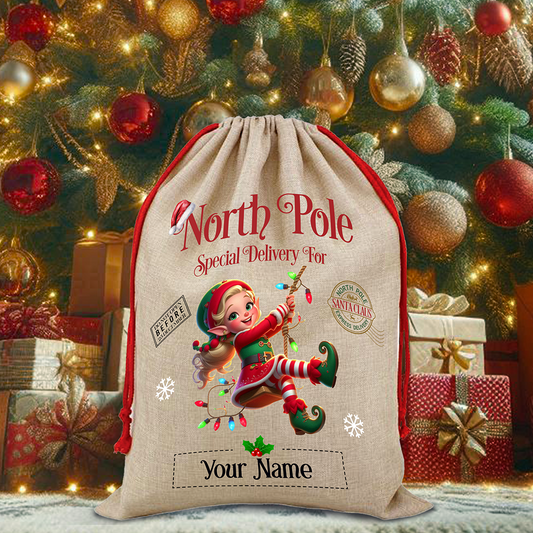 Personalised Elf in Lights North Pole Santa Sack - Style C