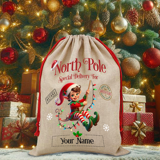 Personalised Elf in Lights North Pole Santa Sack - Style E