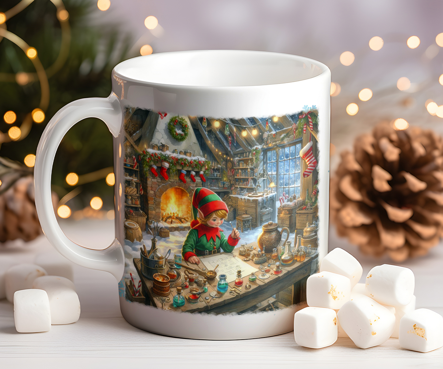 Personalised Christmas Elf in Workshop Gift Mug
