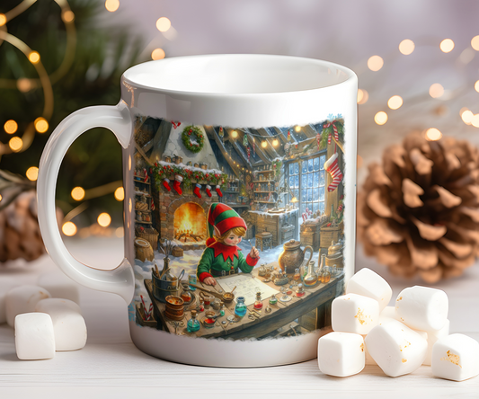 Personalised Christmas Elf in Workshop Gift Mug