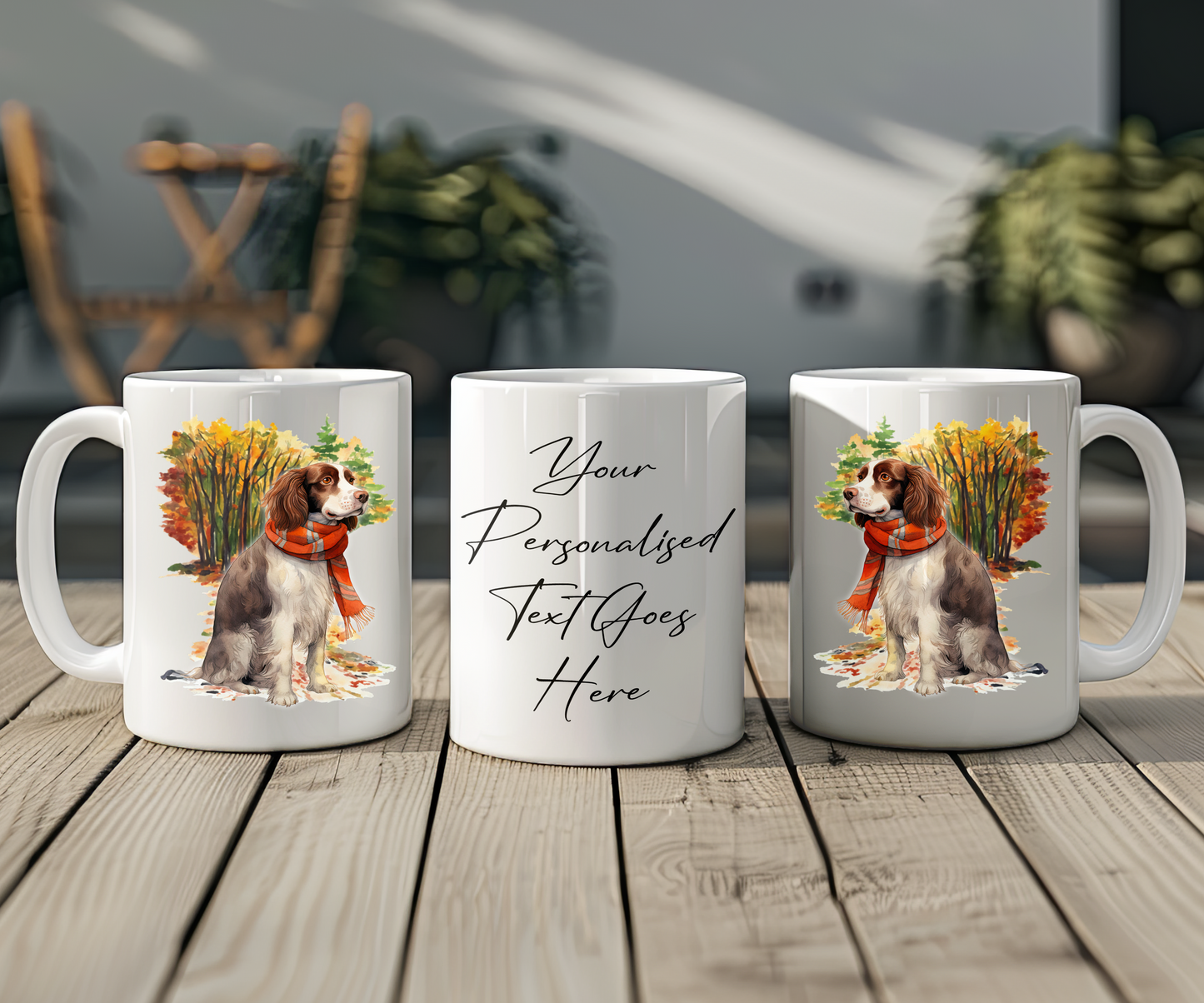 Personalised English Springer Spaniel Pet Dog Gift Mug wearing an Autumn scarf on a walk
