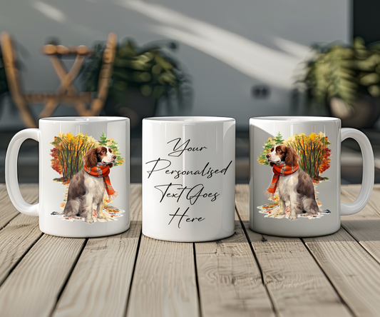Personalised English Springer Spaniel Pet Dog Gift Mug wearing an Autumn scarf on a walk