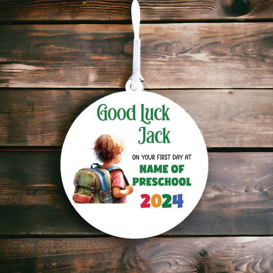 Personalised Back to School Good Luck Hanging Decoration with school child wearing backpack ready for first day of school - Keepsake Gift, by Floppsie Moppsie – floppsiemoppsie at floppsiemoppsie.co.uk