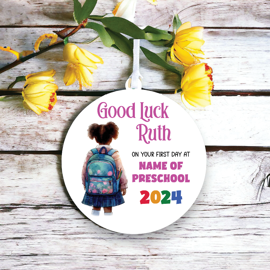 Personalised Back to School Good Luck Hanging Decoration with school child wearing backpack ready for first day of school - Keepsake Gift, by Floppsie Moppsie – floppsiemoppsie at floppsiemoppsie.co.uk