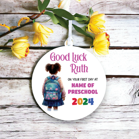Personalised Back to School Good Luck Hanging Decoration with school child wearing backpack ready for first day of school - Keepsake Gift, by Floppsie Moppsie – floppsiemoppsie at floppsiemoppsie.co.uk