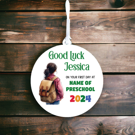 Personalised Back to School Good Luck Hanging Decoration with school child wearing backpack ready for first day of school - Keepsake Gift, by Floppsie Moppsie – floppsiemoppsie at floppsiemoppsie.co.uk