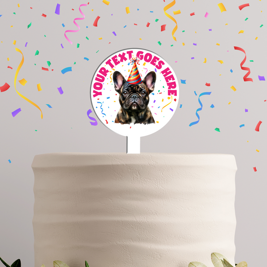 Personalised Dog Party Hat Cake Topper - Brindle French Bulldog