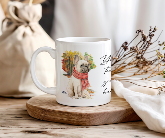 Personalised French Bulldog Pet Dog Gift Mug wearing an Autumn scarf on a walk