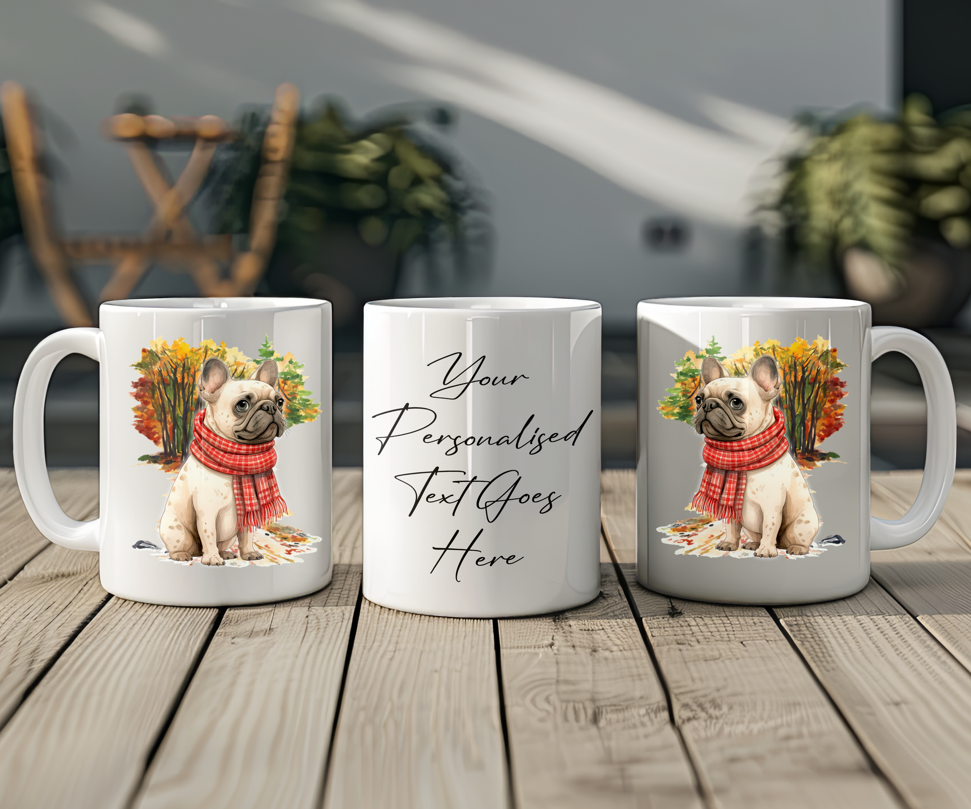 Personalised French Bulldog Pet Dog Gift Mug wearing an Autumn scarf on a walk