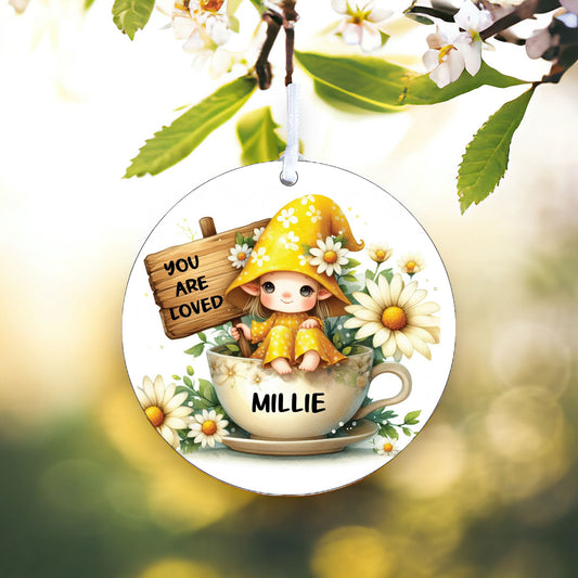 Personalised Female Gnome In Daisy Cup Decoration