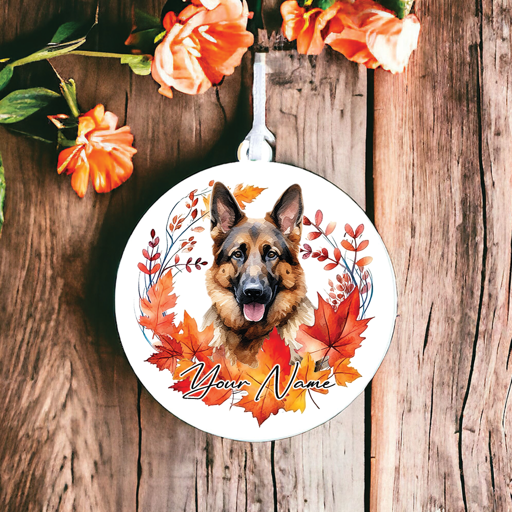 Personalised Dog German Shepherd in an autumn wreath - Keepsake Gift Hanging Decoration, by Floppsie Moppsie – floppsiemoppsie at floppsiemoppsie.co.uk