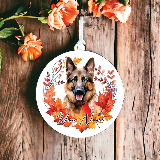 Personalised Dog German Shepherd in an autumn wreath - Keepsake Gift Hanging Decoration, by Floppsie Moppsie – floppsiemoppsie at floppsiemoppsie.co.uk