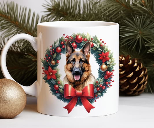 Personalised German Shepherd Dog Christmas Wreath Gift Mug