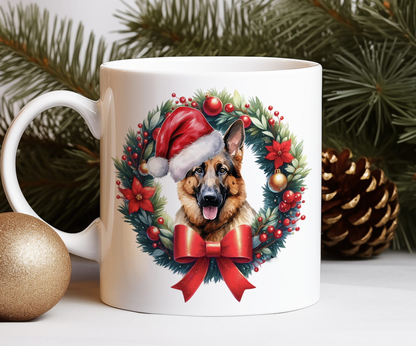 Personalised German Shepherd Dog Christmas Wreath Gift Mug