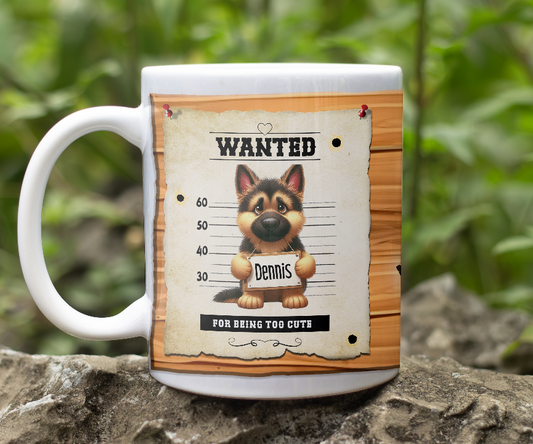 Personalised WANTED Pet Dog mug of a cute German Shepherd on a wanted poster - Keepsake Gift, by Floppsie Moppsie – floppsiemoppsie at floppsiemoppsie.co.uk