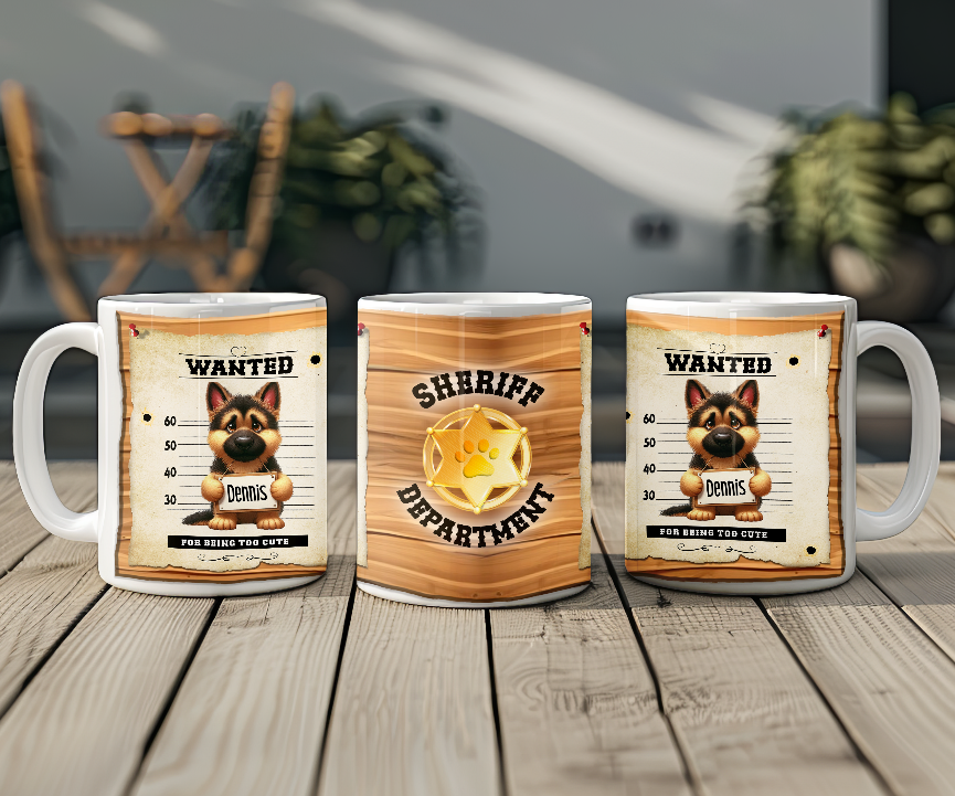 Personalised WANTED Pet Dog mug of a cute German Shepherd on a wanted poster - Keepsake Gift, by Floppsie Moppsie – floppsiemoppsie at floppsiemoppsie.co.uk