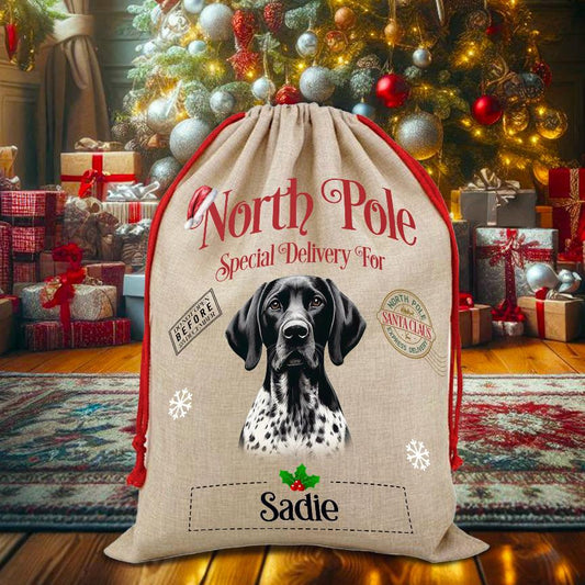 Personalised Dog White and Black Shorthaired Pointer – North Pole Special Delivery Santa Sack Pet Gift, by Floppsie Moppsie – floppsiemoppsie at floppsiemoppsie.co.uk