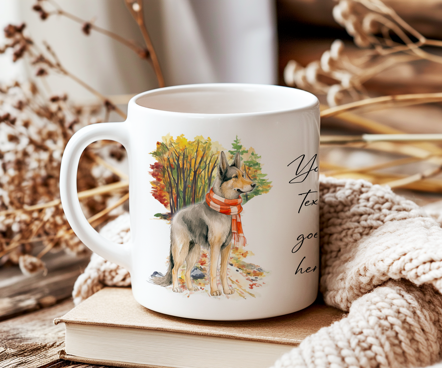 Personalised German Shepard Pet Dog Gift Mug wearing an Autumn scarf on a walk