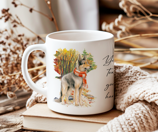 Personalised German Shepard Pet Dog Gift Mug wearing an Autumn scarf on a walk