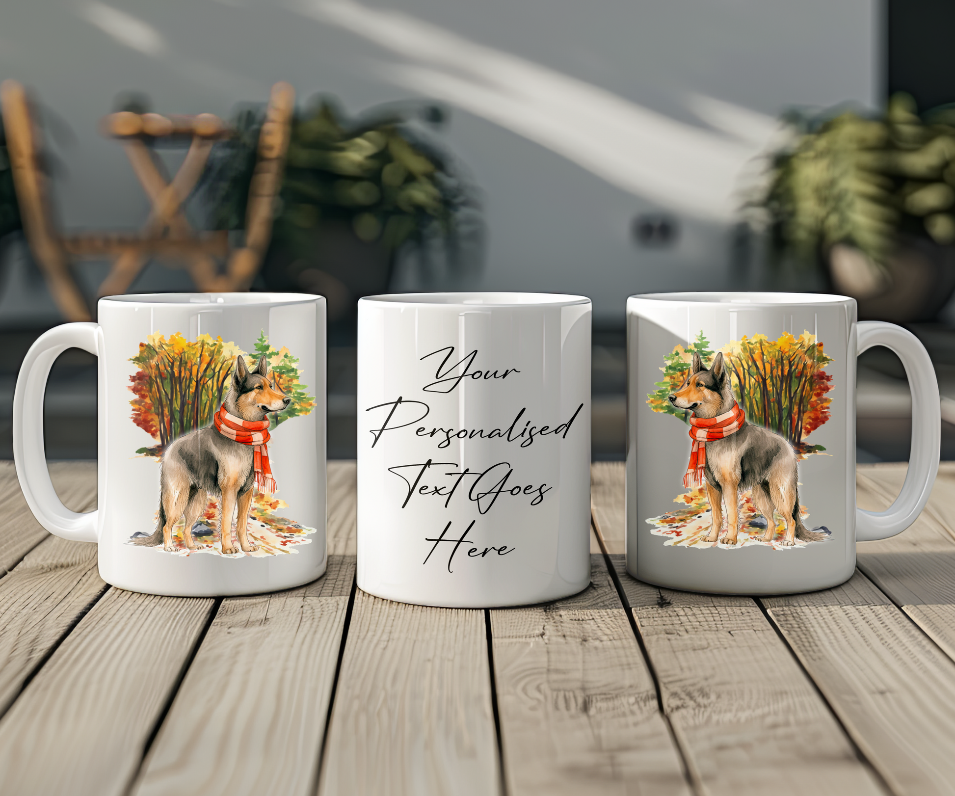 Personalised German Shepard Pet Dog Gift Mug wearing an Autumn scarf on a walk