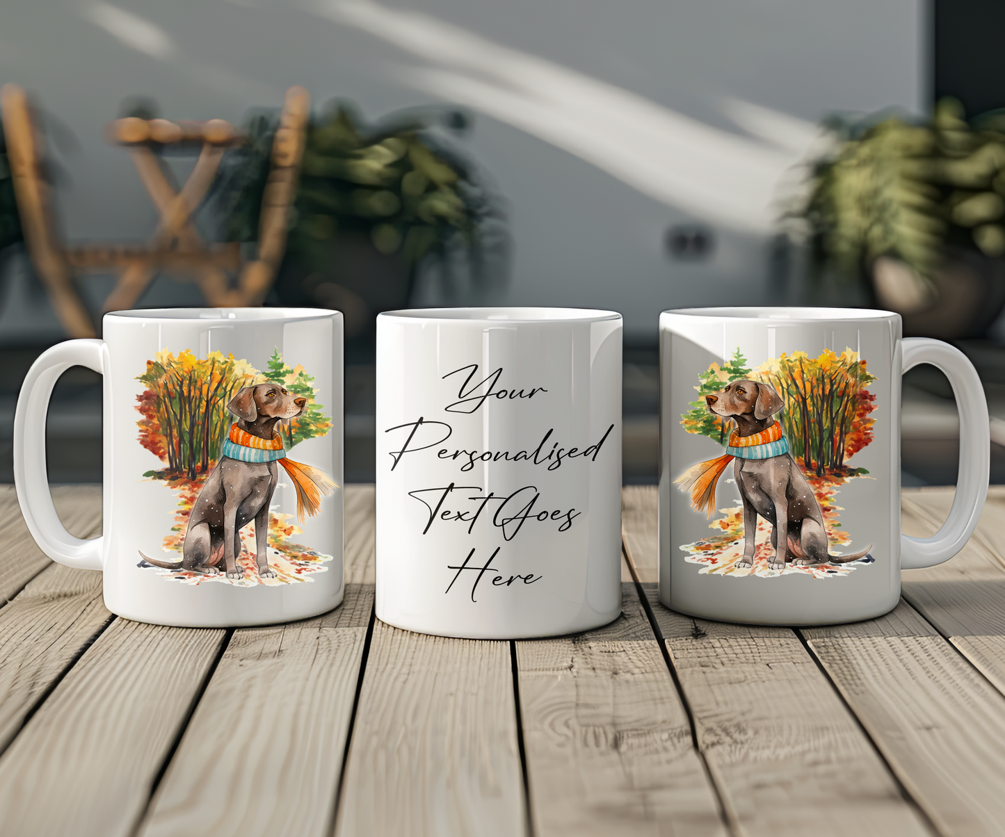 Personalised German Shepard Pet Dog Gift Mug wearing an Autumn scarf on a walk