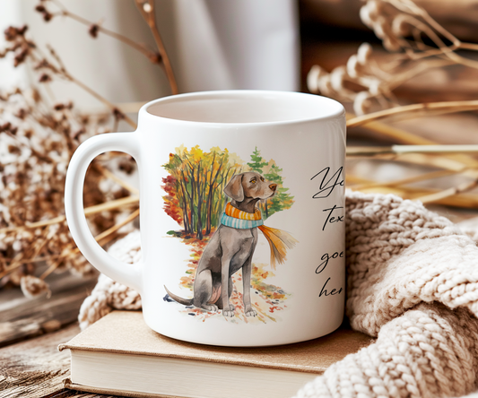 Personalised German Shepard Pet Dog Gift Mug wearing an Autumn scarf on a walk
