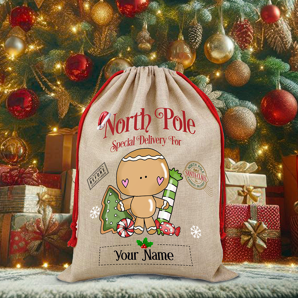 Personalised Whimsical Gingerbread North Pole Santa Sack - Style A