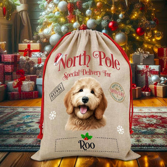 Personalised Dog Golden Doodle – North Pole Special Delivery Santa Sack Pet Gift, by Floppsie Moppsie – floppsiemoppsie at floppsiemoppsie.co.uk