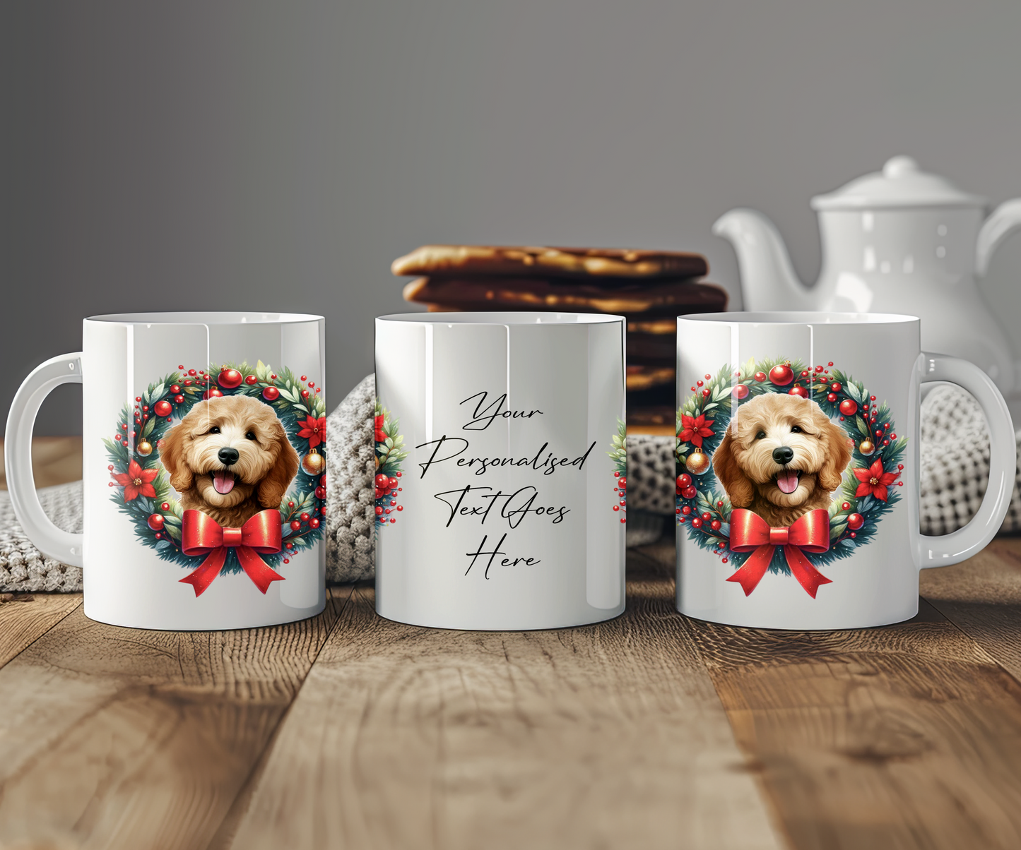 Personalised Golden Doodle Dog Christmas Wreath Gift Mug