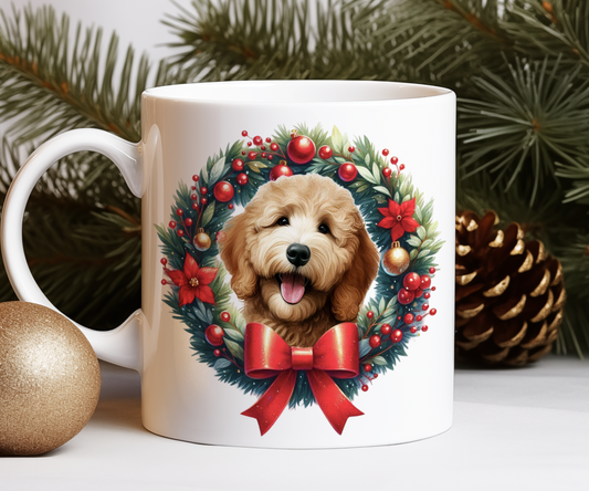 Personalised Golden Doodle Dog Christmas Wreath Gift Mug