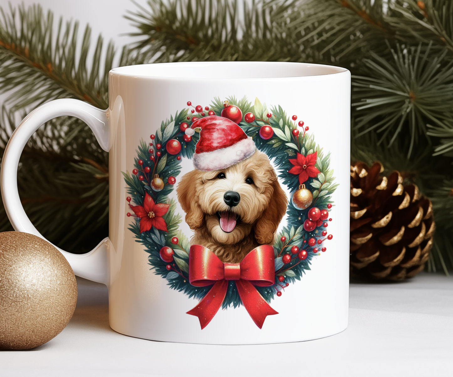 Personalised Golden Doodle Dog Christmas Wreath Gift Mug