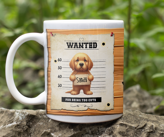 Personalised WANTED Pet Dog mug of a cute Golden Retriever on a wanted poster - Keepsake Gift, by Floppsie Moppsie – floppsiemoppsie at floppsiemoppsie.co.uk
