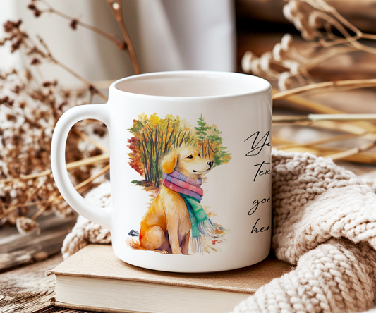 Personalised Golden Retriever Pet Dog Gift Mug wearing an Autumn scarf on a walk