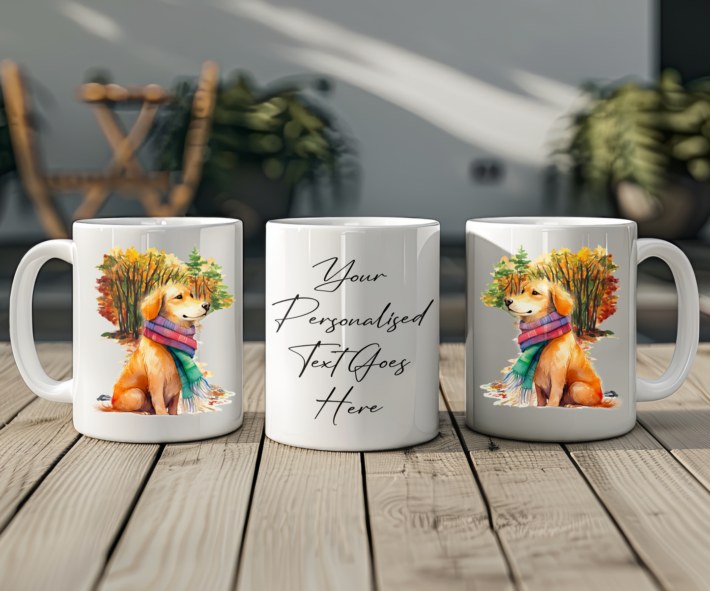 Personalised Golden Retriever Pet Dog Gift Mug wearing an Autumn scarf on a walk