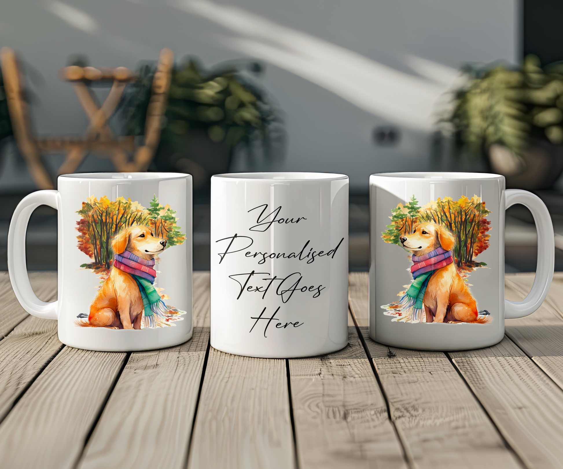 Personalised Golden Retriever Pet Dog Gift Mug wearing an Autumn scarf on a walk