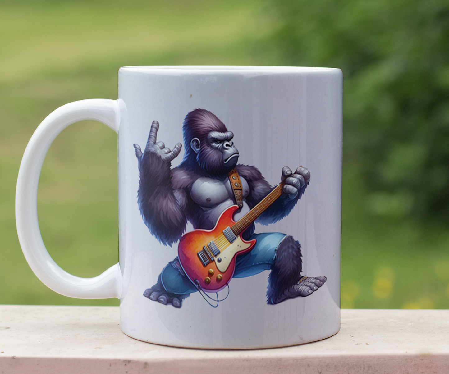 Personalised Keepsake Gorilla playing Guitar - Gift Mug, by Floppsie Moppsie – floppsiemoppsie at floppsiemoppsie.co.uk