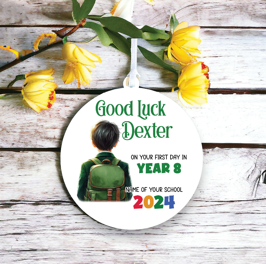 Personalised Back to School Good Luck Hanging Decoration with school child wearing backpack ready for first day of school - Keepsake Gift, by Floppsie Moppsie – floppsiemoppsie at floppsiemoppsie.co.uk