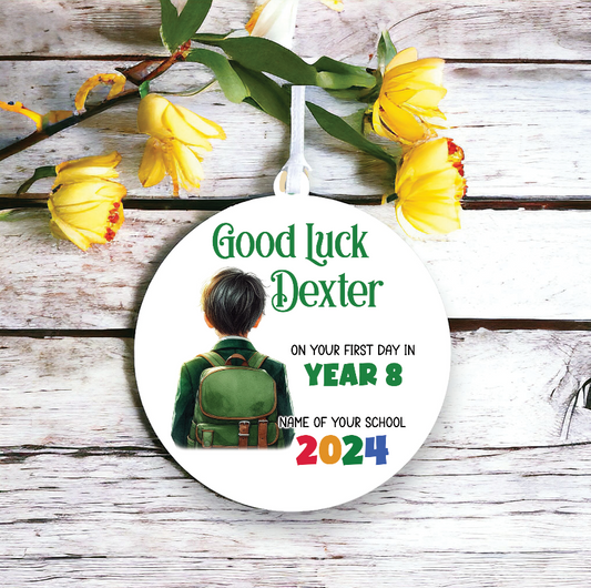 Personalised Back to School Good Luck Hanging Decoration with school child wearing backpack ready for first day of school - Keepsake Gift, by Floppsie Moppsie – floppsiemoppsie at floppsiemoppsie.co.uk