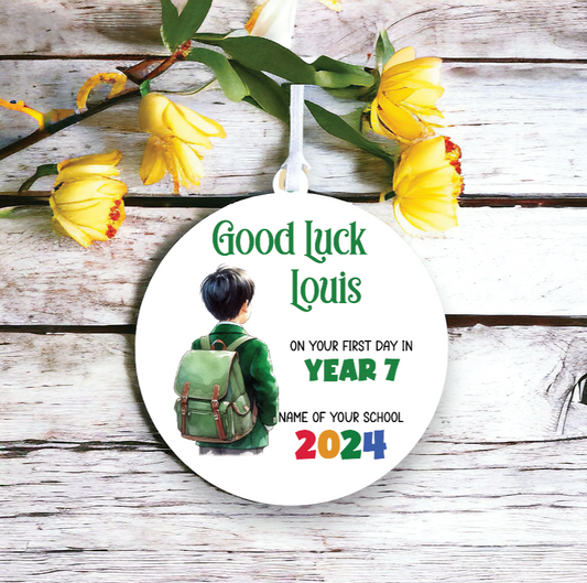 Personalised Back to School Good Luck Hanging Decoration with school child wearing backpack ready for first day of school - Keepsake Gift, by Floppsie Moppsie – floppsiemoppsie at floppsiemoppsie.co.uk